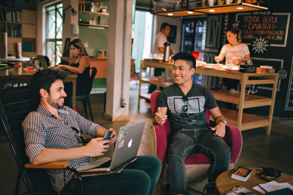 Men chatting at a coffee shop